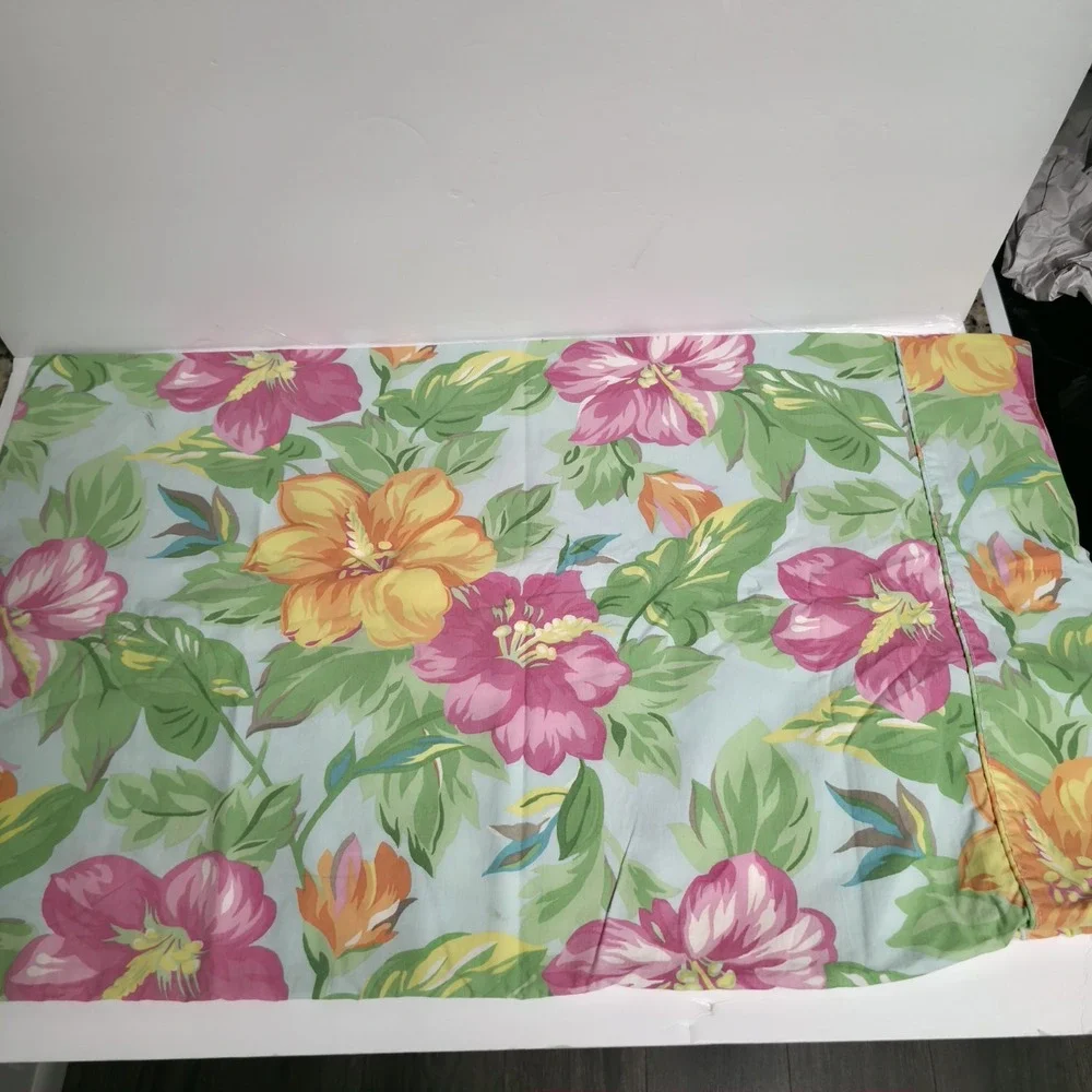 VTG Ralph Lauren Sandy Lane Tropical Hibiscus Pillowcase Pair Blue Pink Standard